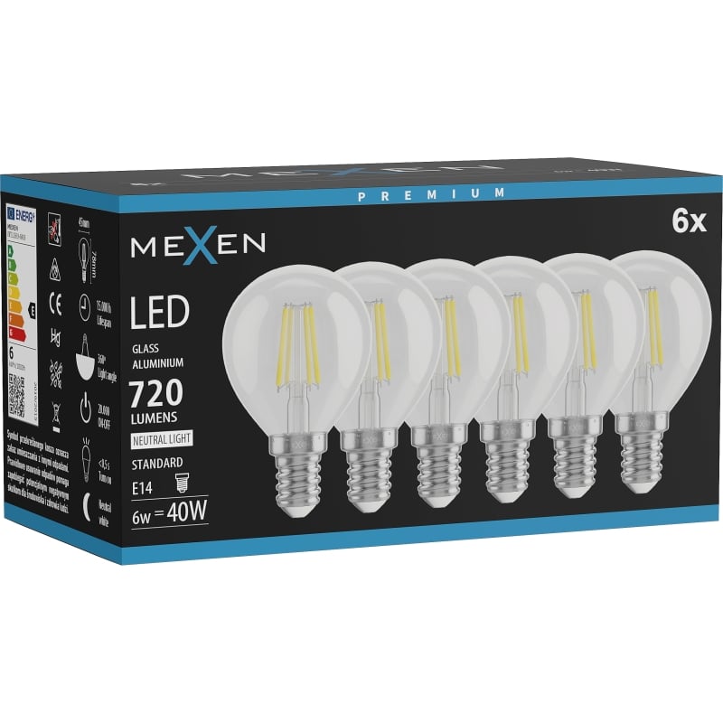 Mexen Vintis 6x Ampoule filament LED E14, G45, 6W, Neutre - 4000K, 720 lm, clair - L156-E14-0640-00x06