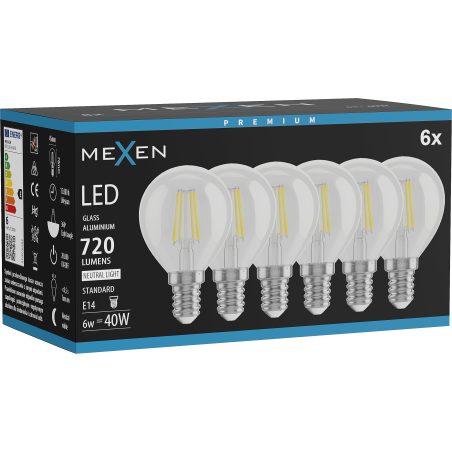 Mexen Vintis 6x Ampoule filament LED E14, G45, 6W, Neutre - 4000K, 720 lm, clair - L156-E14-0640-00x06