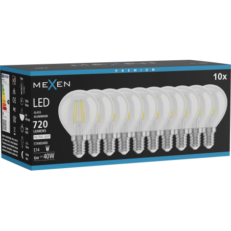 Mexen Vintis 10x Ampoule à filament LED E14, G45, 6W, Neutre - 4000K, 720 lm, claire - L156-E14-0640-00x10