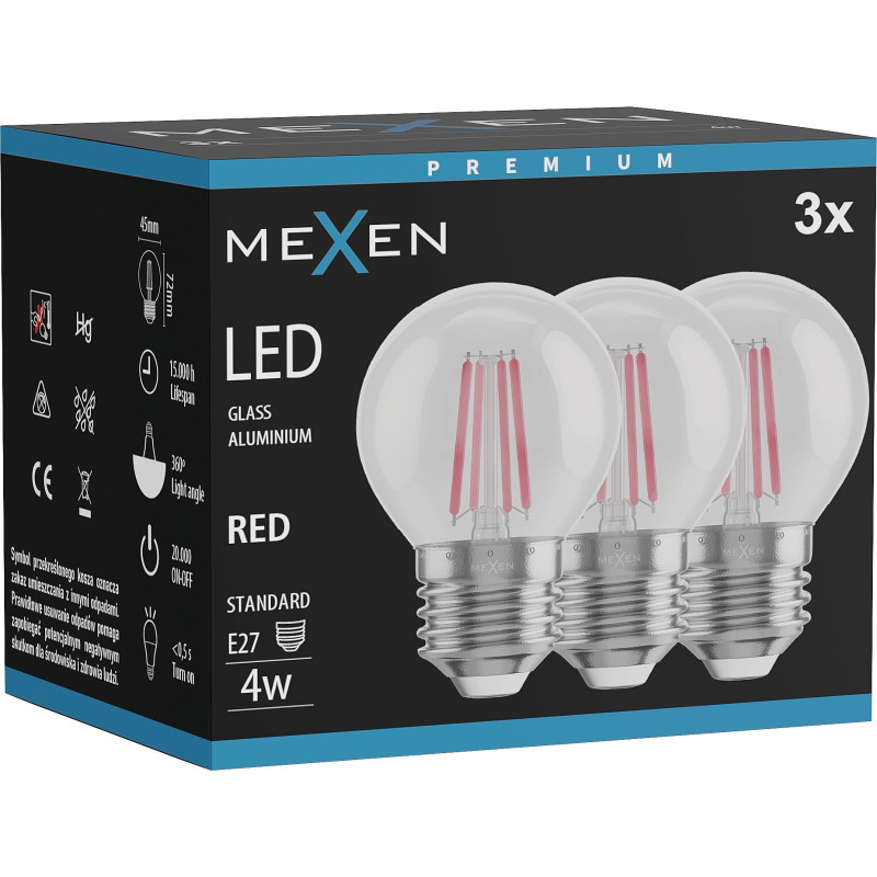 Mexen Vintis 3x ampoule filament LED E27, G45, 4W, 55 lm, rouge - L156-E27-04XX-45x03