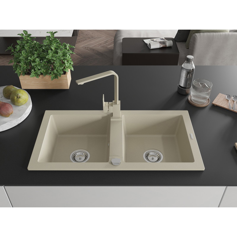 Mexen Mario évier en granit 2 bacs avec robinet de cuisine Rita, beige - 6504-69-670300-69