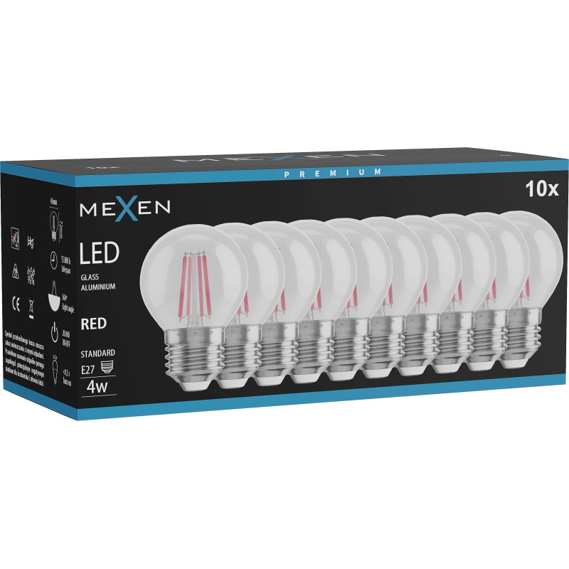 Mexen Vintis 10x Ampoule à filament LED E27, G45, 4W, 55 lm, rouge - L156-E27-04XX-45x10