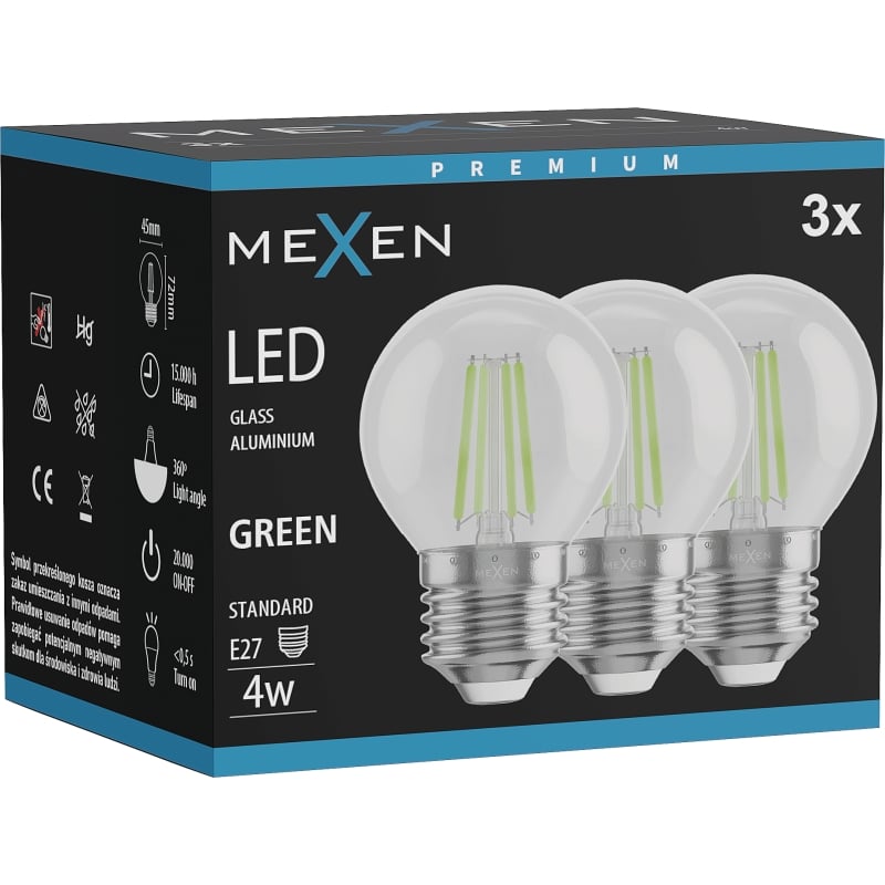 Mexen Vintis 3x Ampoule à filament LED E27, G45, 4W, 55 lm, verte - L156-E27-04XX-46x03