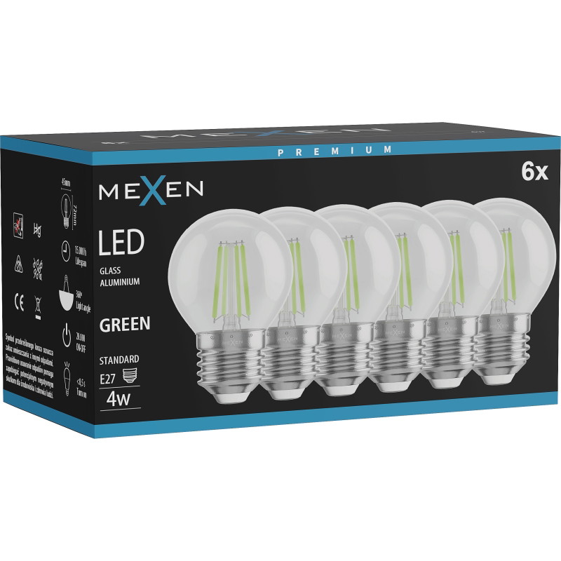 Mexen Vintis 6x Ampoule à filament LED E27, G45, 4W, 55 lm, verte - L156-E27-04XX-46x06