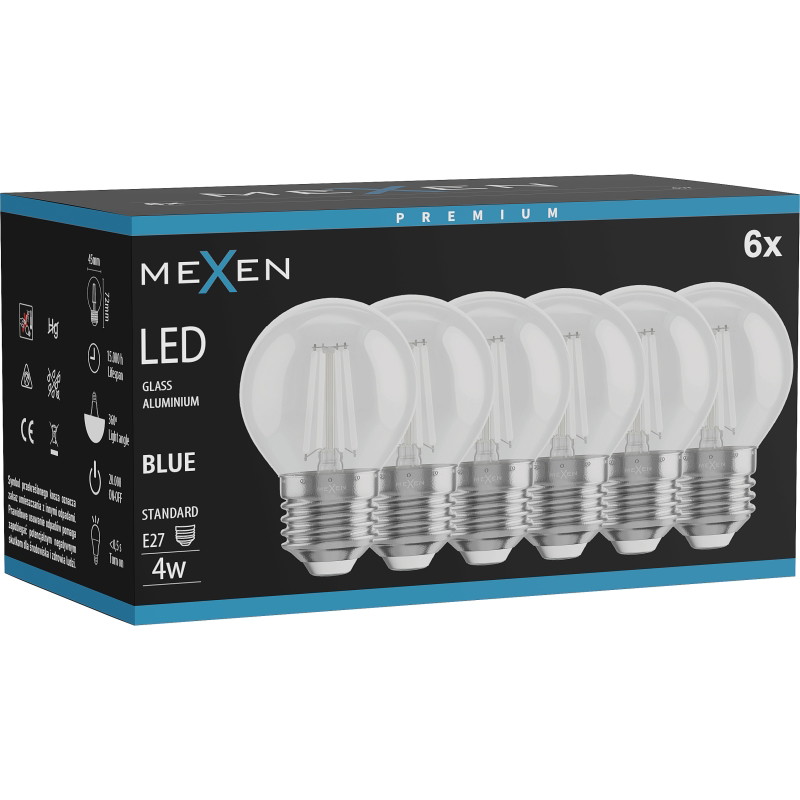 Mexen Vintis 6x Ampoule filament LED E27, G45, 4W, 55 lm, bleu - L156-E27-04XX-47x06
