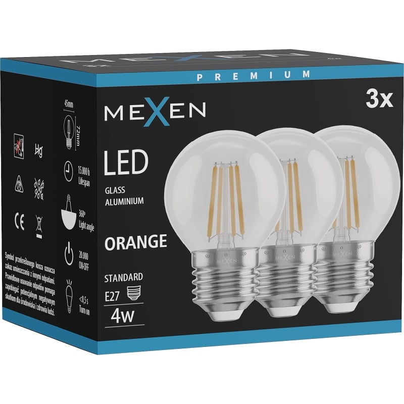Mexen Vintis 3x Ampoule filament LED E27, G45, 4W, 55 lm, orange - L156-E27-04XX-48x03