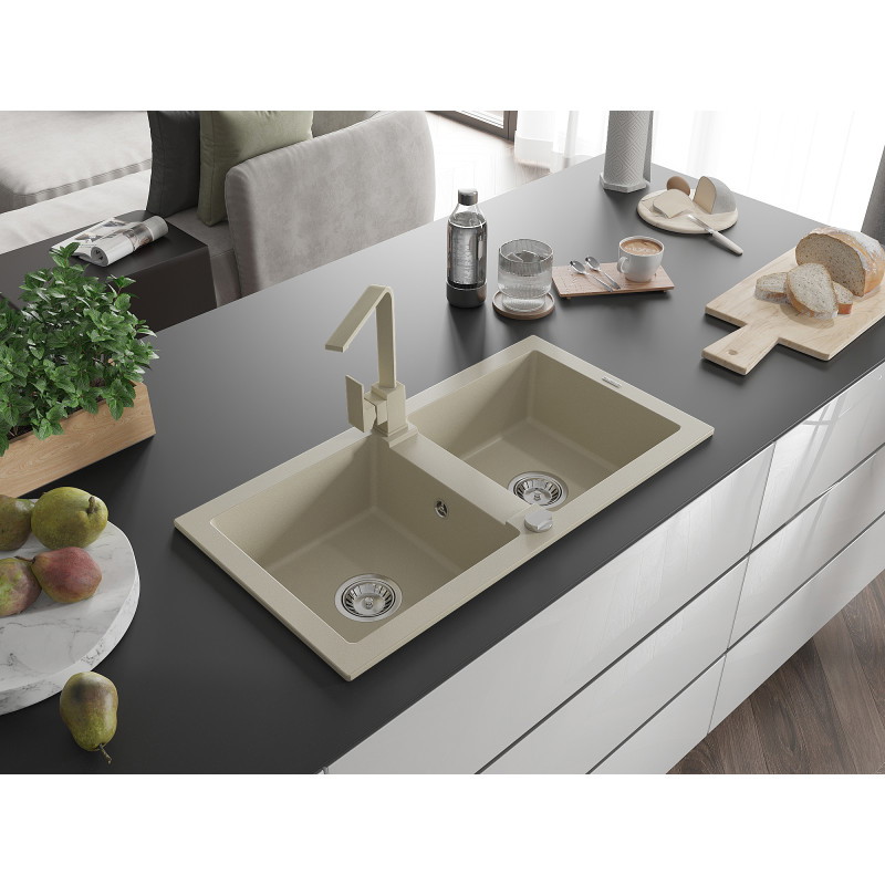 Mexen Mario évier en granit 2 bacs avec robinet de cuisine Rita, beige - 6504-69-670300-69