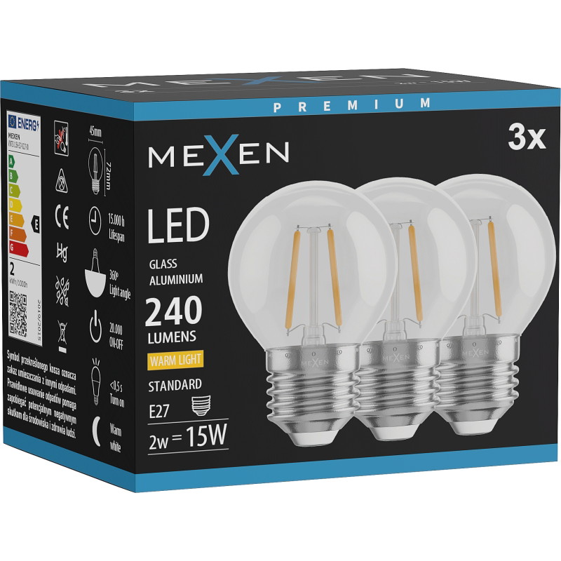 Mexen Vintis 3x Ampoule filament LED E27, G45, 2W, Chaude - 2700K, 240 lm, transparent - L156-E14-0227-00x03