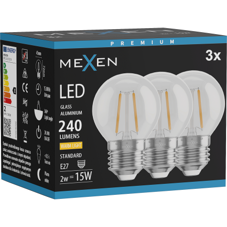 Mexen Vintis 3x Ampoule filament LED E27, G45, 2W, Chaude - 2700K, 240 lm, transparent - L156-E14-0227-00x03