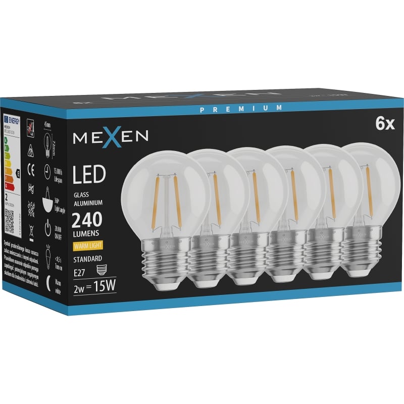 Mexen Vintis 6x Ampoule filament LED E27, G45, 2W, Chaude - 2700K, 240 lm, transparent - L156-E14-0227-00x06