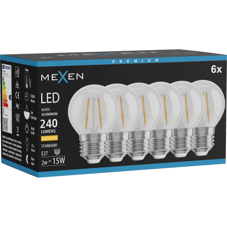 Mexen Vintis 6x Ampoule filament LED E27, G45, 2W, Chaude - 2700K, 240 lm, transparent - L156-E14-0227-00x06