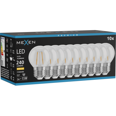 Mexen Vintis 10x Ampoule filament LED E27, G45, 2W, Chaude - 2700K, 240 lm, transparente - L156-E14-0227-00x10