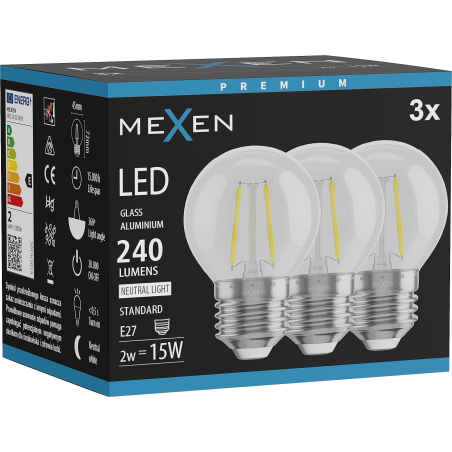 Mexen Vintis 3x Ampoule à filament LED E27, G45, 2W, Neutre - 4000K, 240 lm, clair - L156-E14-0227-00x03 - L156-E27-0240-00x03