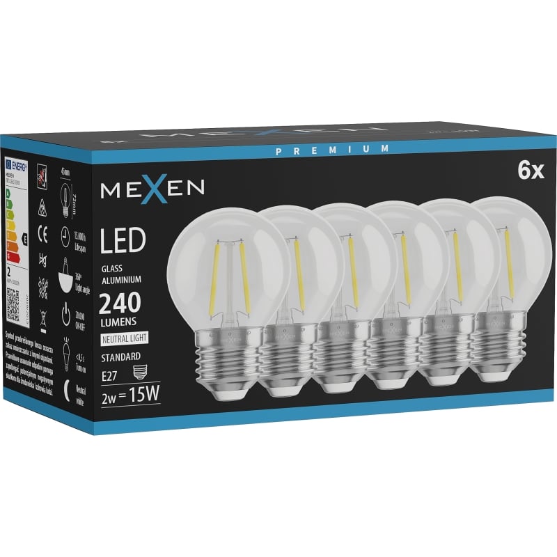 Mexen Vintis 6x Ampoule filament LED E27, G45, 2W, Neutre - 4000K, 240 lm, clair - L156-E14-0227-00x06 - L156-E27-0240-00x06