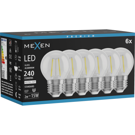 Mexen Vintis 6x Ampoule filament LED E27, G45, 2W, Neutre - 4000K, 240 lm, clair - L156-E27-0227-00x06 - L156-E27-0240-00x06
