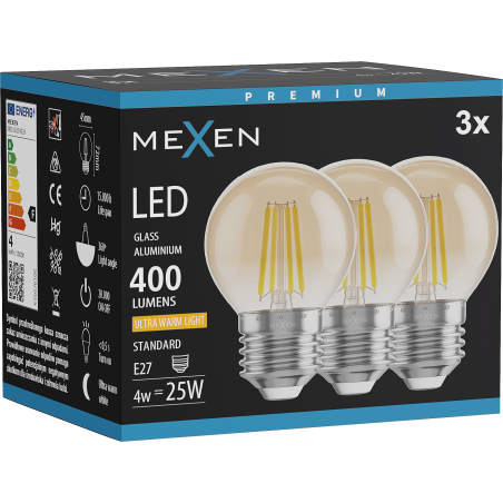 Mexen Vintis 3x Ampoule filament LED E27, G45, 4W, Chaude - 2200K, 400 lm, ambre - L156-E27-0422-50x03