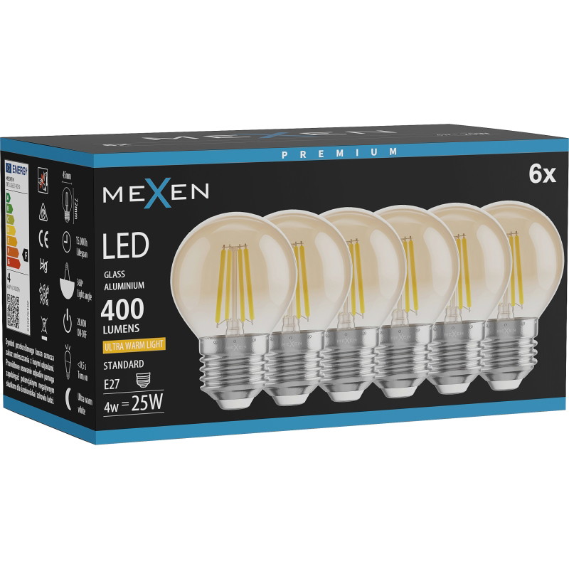 Mexen Vintis 6x Ampoule filament LED E27, G45, 4W, Chaude - 2200K, 400 lm, ambre - L156-E27-0422-50x06