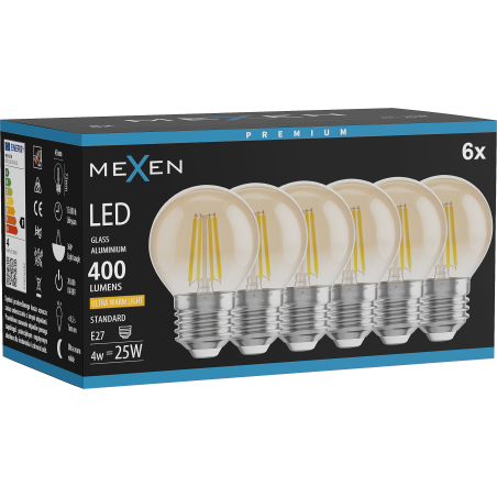 Mexen Vintis 6x Ampoule filament LED E27, G45, 4W, Chaude - 2200K, 400 lm, ambre - L156-E27-0422-50x06