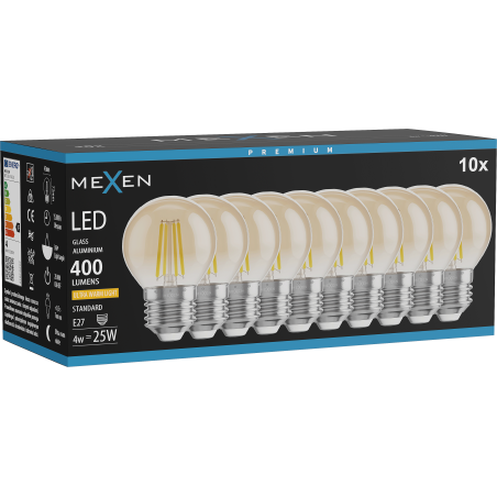 Mexen Vintis 10x Ampoule à filament LED E27, G45, 4W, Chaude - 2200K, 400 lm, ambrée - L156-E27-0422-50x10