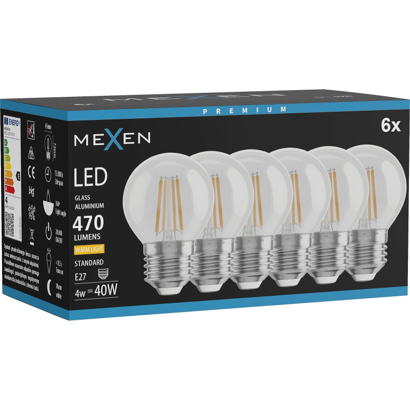 Mexen Vintis 6x Ampoule filament LED E27, G45, 4W, Chaude - 2700K, 470 lm, clair - L156-E27-0427-00x06