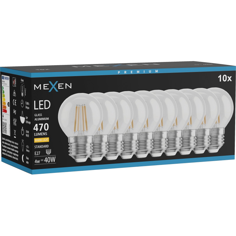 Mexen Vintis 10x Ampoule filament LED E27, G45, 4W, Chaude - 2700K, 470 lm, clair - L156-E27-0427-00x10