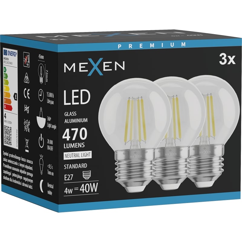 Mexen Vintis 3x Ampoule filament LED E27, G45, 4W, Neutre - 4000K, 470 lm, clair - L156-E27-0427-00x03 - L156-E27-0440-00x03