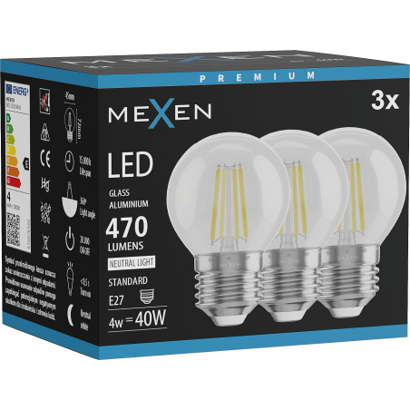 Mexen Vintis 3x Ampoule filament LED E27, G45, 4W, Neutre - 4000K, 470 lm, clair - L156-E27-0427-00x03 - L156-E27-0440-00x03