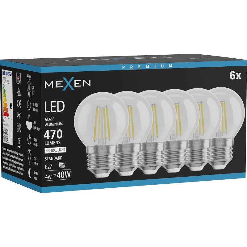 Mexen Vintis 6x Ampoule filament LED E27, G45, 4W, Neutre - 4000K, 470 lm, clair - L156-E27-0427-00x06 - L156-E27-0440-00x06
