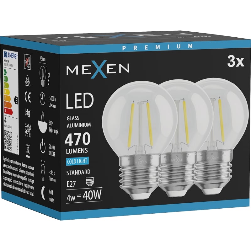 Mexen Vintis 3x Ampoule filament LED E27, G45, 4W, Froid - 6500K, 470 lm, transparent - L156-E27-0465-00x03