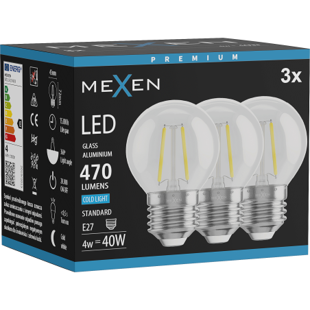 Mexen Vintis 3x Ampoule filament LED E27, G45, 4W, Froid - 6500K, 470 lm, transparent - L156-E27-0465-00x03