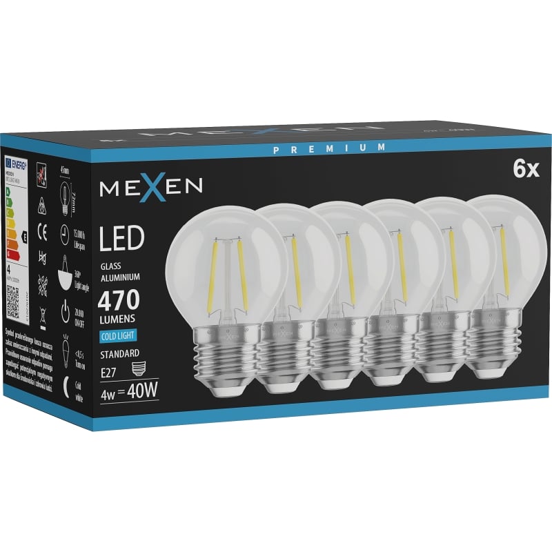 Mexen Vintis 6x Ampoule à filament LED E27, G45, 4W, Froid - 6500K, 470 lm, clair - L156-E27-0465-00x06