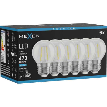 Mexen Vintis 6x Ampoule à filament LED E27, G45, 4W, Froid - 6500K, 470 lm, clair - L156-E27-0465-00x06