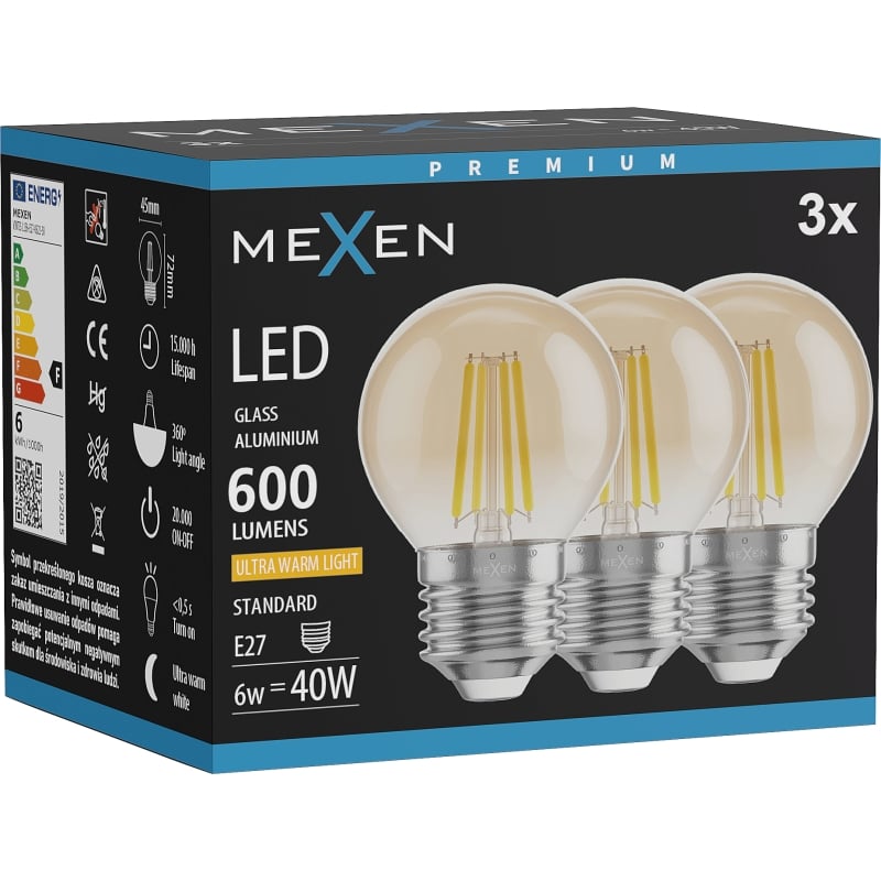 Mexen Vintis 3x Ampoule filament LED E27, G45, 6W, Chaude - 2200K, 600 lm, ambre - L156-E27-0622-50x03