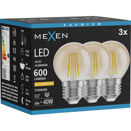 Mexen Vintis 3x Ampoule filament LED E27, G45, 6W, Chaude - 2200K, 600 lm, ambre - L156-E27-0622-50x03