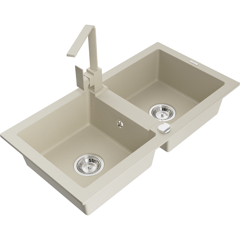Mexen Mario évier en granit 2 bacs avec robinet de cuisine Rita, beige - 6504-69-670300-69