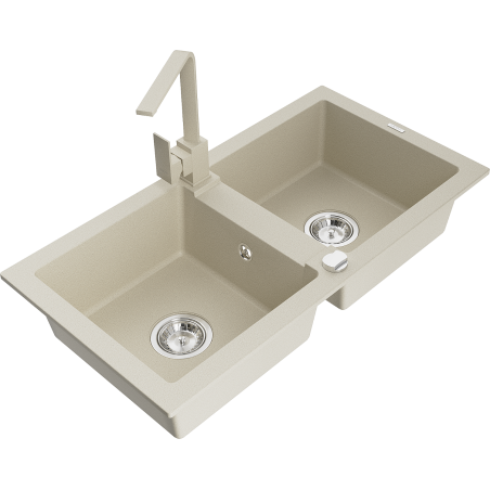 Mexen Mario évier en granit 2 bacs avec robinet de cuisine Rita, beige - 6504-69-670300-69