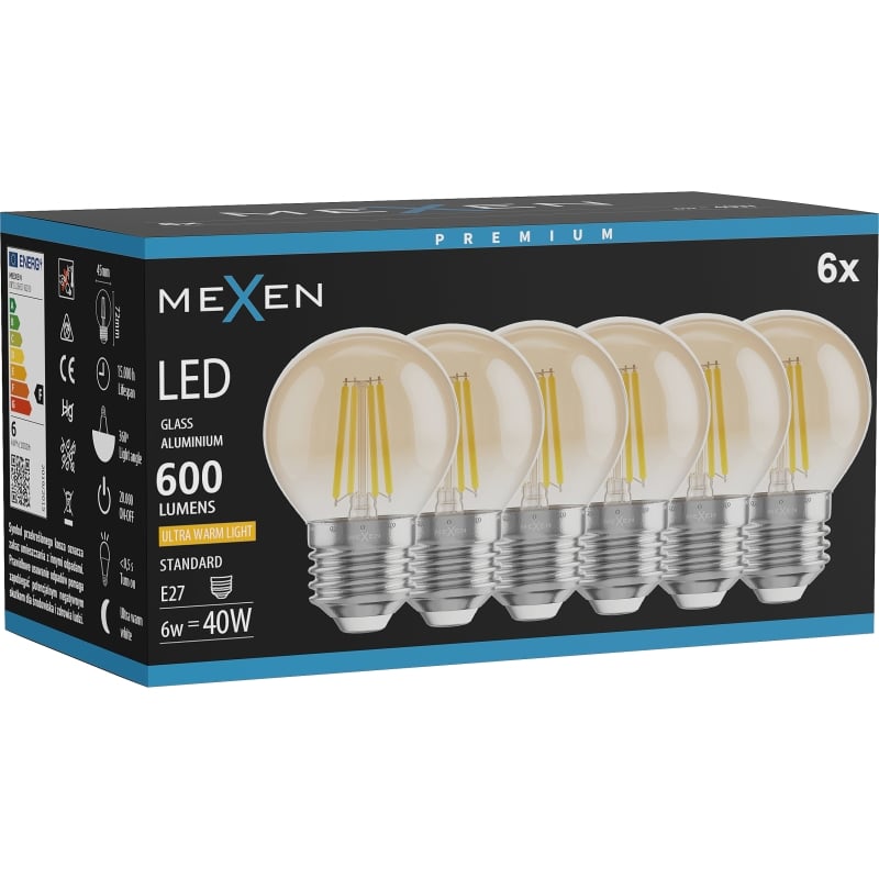 Mexen Vintis 6x Ampoule à filament LED E27, G45, 6W, Chaude - 2200K, 600 lm, ambre - L156-E27-0622-50x06