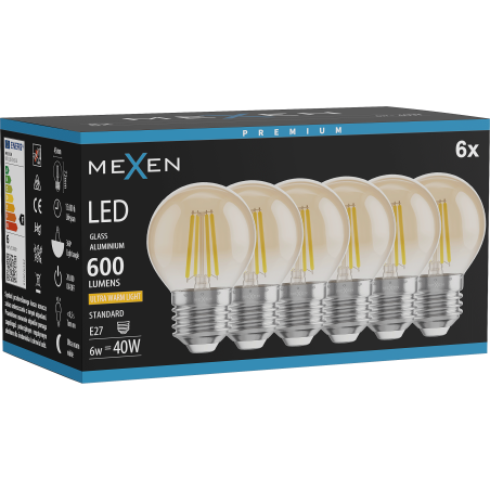 Mexen Vintis 6x Ampoule à filament LED E27, G45, 6W, Chaude - 2200K, 600 lm, ambre - L156-E27-0622-50x06