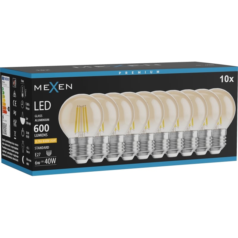 Mexen Vintis 10x ampoule filament LED E27, G45, 6W, Chaude - 2200K, 600 lm, ambre - L156-E27-0622-50x10
