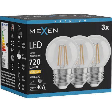 Mexen Vintis 3x Ampoule filament LED E27, G45, 6W, Chaude - 2700K, 720 lm, claire - L156-E27-0627-00x03