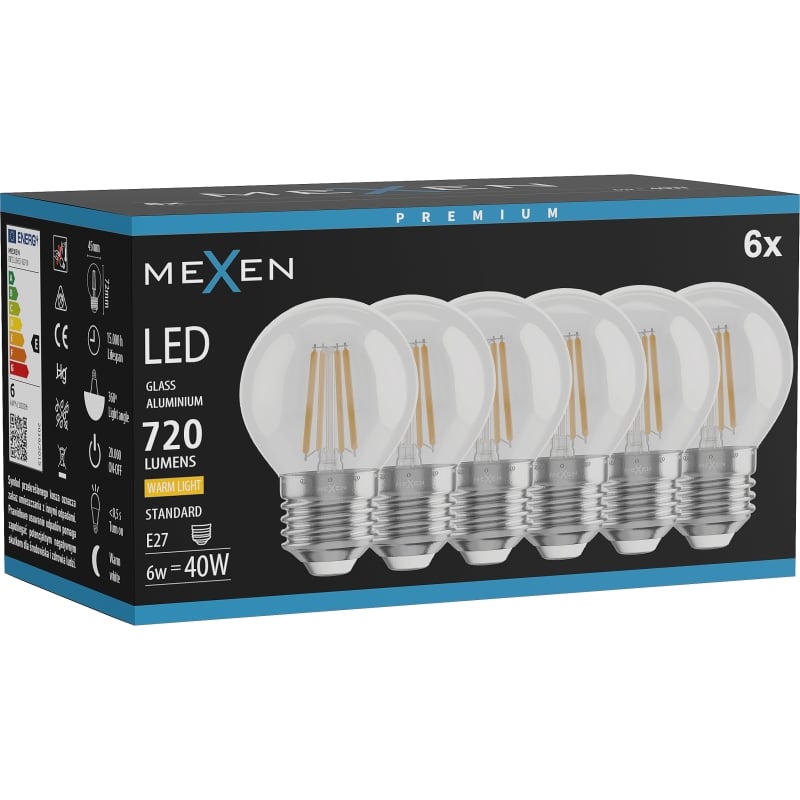 Mexen Vintis 6x Ampoule filament LED E27, G45, 6W, Chaude - 2700K, 720 lm, claire - L156-E27-0627-00x06
