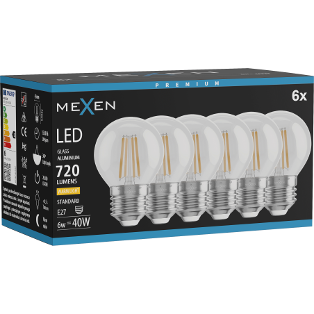 Mexen Vintis 6x Ampoule filament LED E27, G45, 6W, Chaude - 2700K, 720 lm, claire - L156-E27-0627-00x06