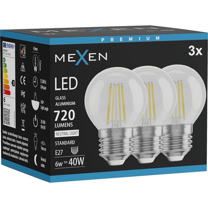 Mexen Vintis 3x Ampoule filament LED E27, G45, 6W, Neutre - 4000K, 720 lm, clair - L156-E27-0627-00x03 - L156-E27-0640-00x03