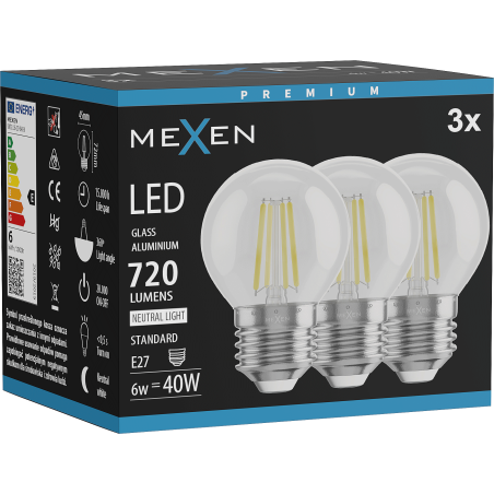 Mexen Vintis 3x Ampoule filament LED E27, G45, 6W, Neutre - 4000K, 720 lm, clair - L156-E27-0627-00x03 - L156-E27-0640-00x03