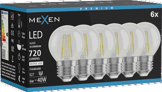 Mexen Vintis 6x Ampoule à filament LED E27, G45, 6W, Neutre - 4000K, 720 lm, clair - L156-E27-0627-00x06 - L156-E27-0640-00x06