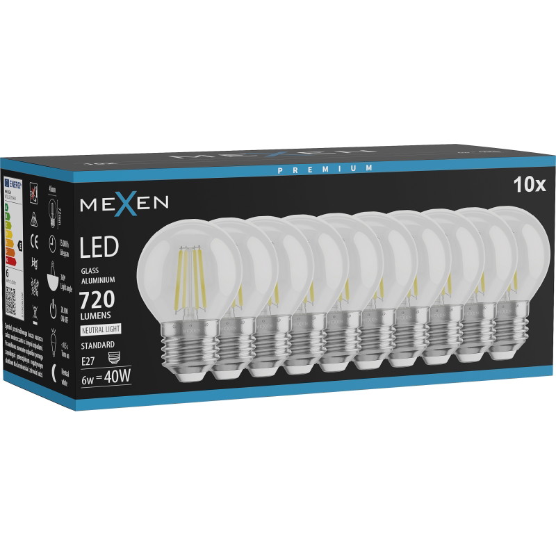 Mexen Vintis 10x Ampoule filament LED E27, G45, 6W, Neutre - 4000K, 720 lm, transparent - L156-E27-0627-00x10