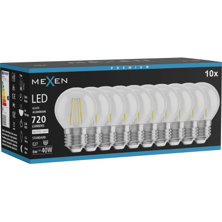 Mexen Vintis 10x Ampoule filament LED E27, G45, 6W, Neutre - 4000K, 720 lm, transparent - L156-E27-0627-00x10