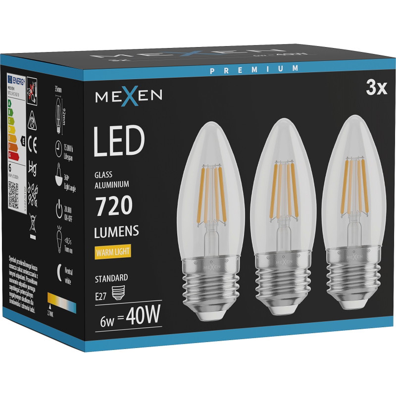 Mexen Vintis 3x Ampoule filament LED E27, C35, 6W, Chaude - 2700K, 720 lm, claire - L154-E27-0627-00x03
