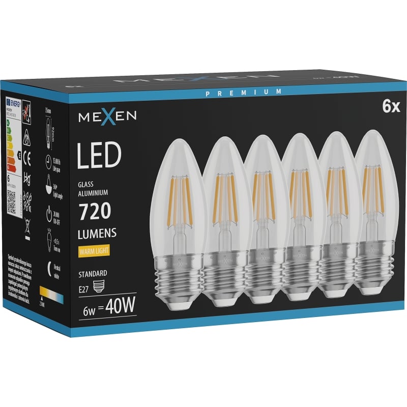 Mexen Vintis 6x Ampoule filament LED E27, C35, 6W, Chaude - 2700K, 720 lm, clair - L154-E27-0627-00x06