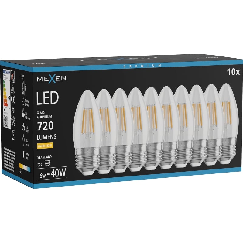 Mexen Vintis 10x ampoule filament LED E27, C35, 6W, Chaude - 2700K, 720 lm, claire - L154-E27-0627-00x10
